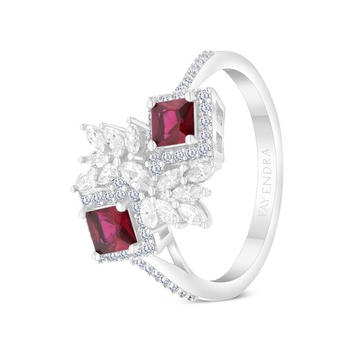 Sterling Silver 925 Ring Rhodium Plated Embedded With Ruby Corundum And White CZ