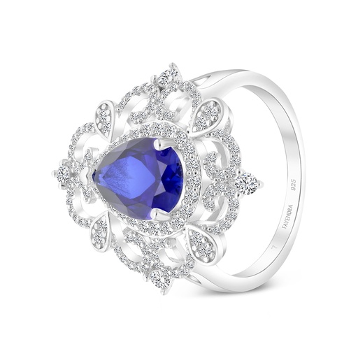 Sterling Silver 925 Ring Rhodium Plated Embedded With Sapphire CorundumAnd White CZ