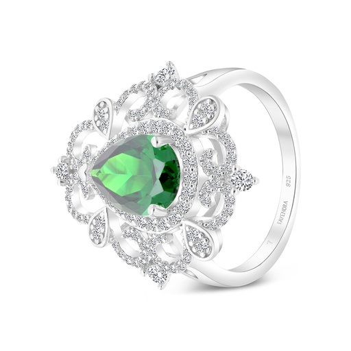 Sterling Silver 925 Ring Rhodium Plated Embedded With Emerald Zircon And White CZ