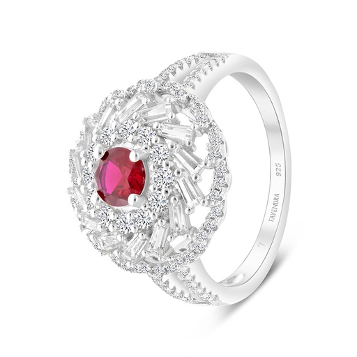 Sterling Silver 925 Ring Rhodium Plated Embedded With Ruby Corundum And White CZ