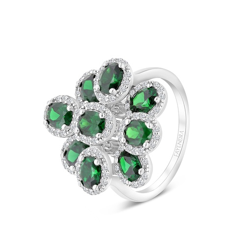 Sterling Silver 925 Ring Rhodium Plated Embedded With Emerald Zircon And White CZ