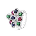 Sterling Silver 925 Ring Rhodium Plated Embedded With Sapphire Corundum , Ruby Corundum , Emerald Zircon And White CZ