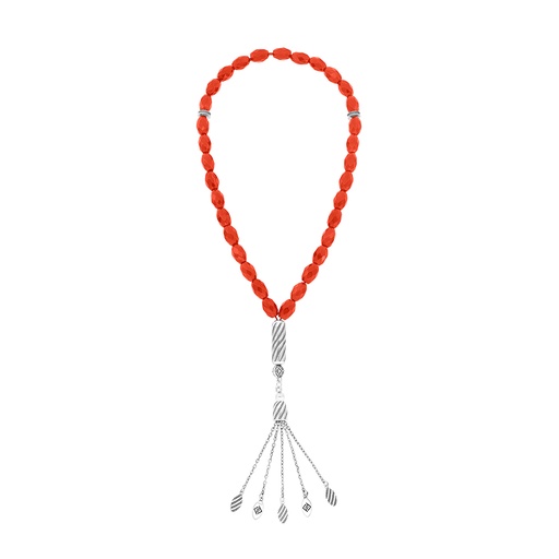 [ROS08RAG33SILR037] Rosary 33 Sterling Silver 925 Set Oxidized Decorated Embedded With Liver Red Agate Olive Cat 12*08 ML LOGO