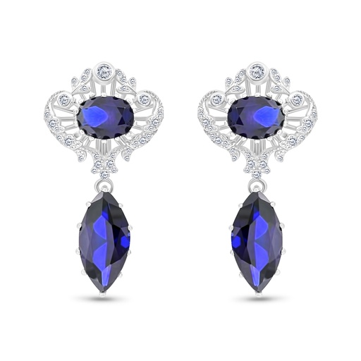 [EAR01SAP00WCZB725] Sterling Silver 925 Earring Rhodium Plated Embedded With Sapphire Corundum And White CZ