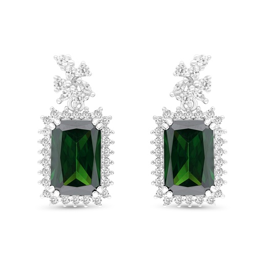 [EAR01EMR00WCZB747] Sterling Silver 925 Earring Rhodium Plated Embedded With Emerald Zircon And White CZ