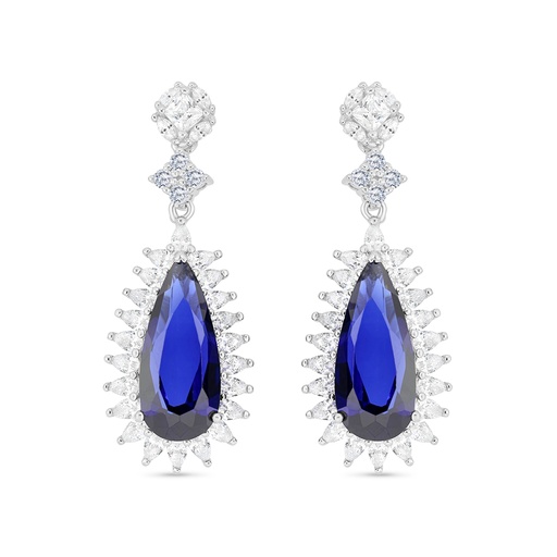 [EAR01SAP00WCZB749] Sterling Silver 925 Earring Rhodium Plated Embedded With Sapphire Corundum And White CZ