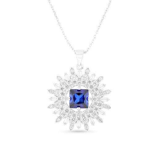 [NCL01SAP00WCZA711] Sterling Silver 925 Necklace Rhodium Plated Embedded With Sapphire Corundum And White CZ