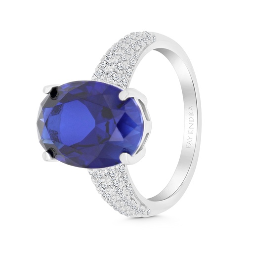 Sterling Silver 925 Ring Rhodium Plated Embedded With Sapphire CorundumAnd White CZ