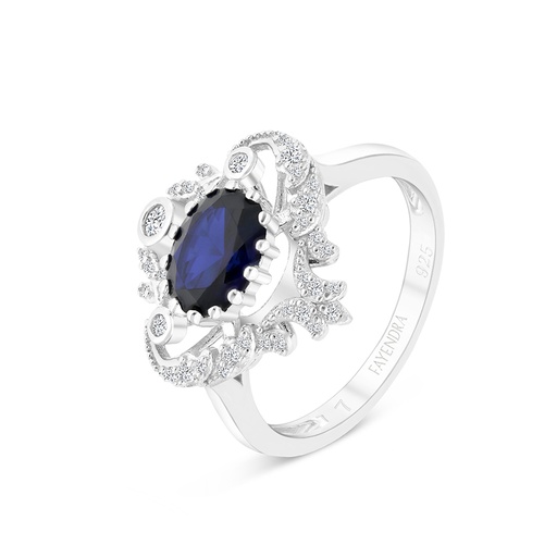 Sterling Silver 925 Ring Rhodium Plated Embedded With Sapphire CorundumAnd White CZ