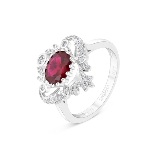 Sterling Silver 925 Ring Rhodium Plated Embedded With Ruby Corundum And White CZ