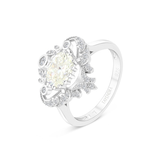 Sterling Silver 925 Ring Rhodium Plated Embedded With Yellow Zircon And White CZ