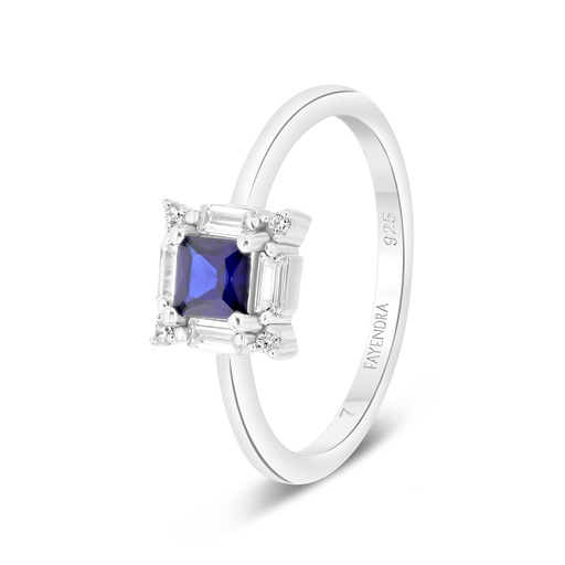 Sterling Silver 925 Ring Rhodium Plated Embedded With Sapphire Corundum And White CZ