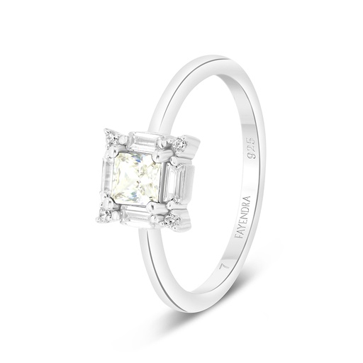 Sterling Silver 925 Ring Rhodium Plated Embedded With Yellow Zircon And White CZ