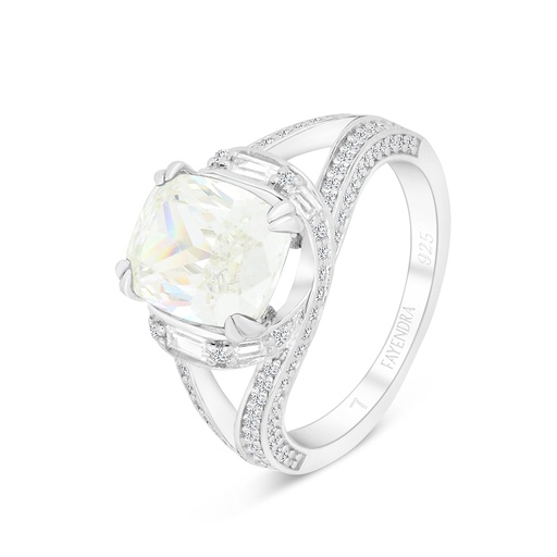 Sterling Silver 925 Ring Rhodium Plated Embedded With Yellow Zircon And White CZ