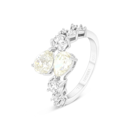 Sterling Silver 925 Ring Rhodium Plated Embedded With Yellow Zircon And White CZ