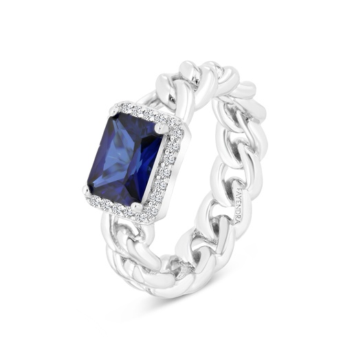 Sterling Silver 925 Ring Rhodium Plated Embedded With Sapphire Corundum And White CZ