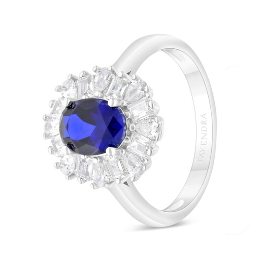 Sterling Silver 925 Ring Rhodium Plated Embedded With Sapphire CorundumAnd White CZ