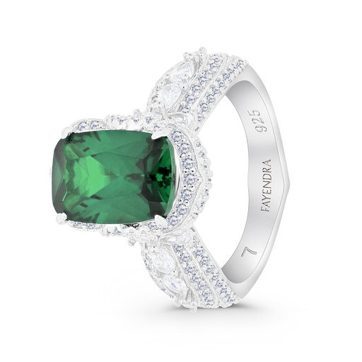 Sterling Silver 925 Ring Rhodium Plated Embedded With Emerald Zircon And White CZ