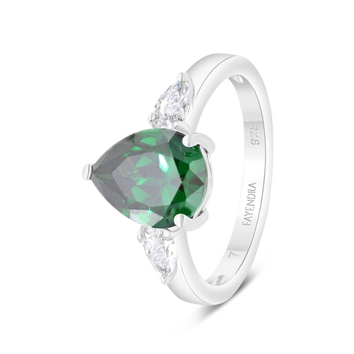 Sterling Silver 925 Ring Rhodium Plated Embedded With Emerald Zircon And White CZ