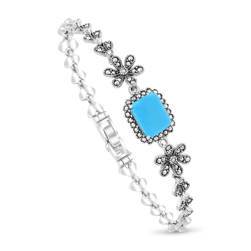 [BRC04MAR00TRQA149] Sterling Silver 925 Bracelet Embedded With Natural Processed Turquoise And Marcasite Stones