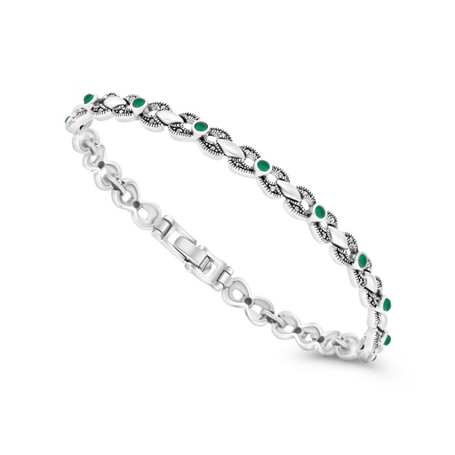 [BRC04MAR00GAGA156] Sterling Silver 925 Bracelet Embedded With Natural Green Agate And Marcasite Stones