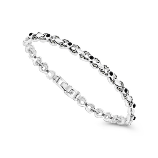 [BRC04MAR00ONXA156] Sterling Silver 925 Bracelet Embedded With Natural Black Agate And Marcasite Stones