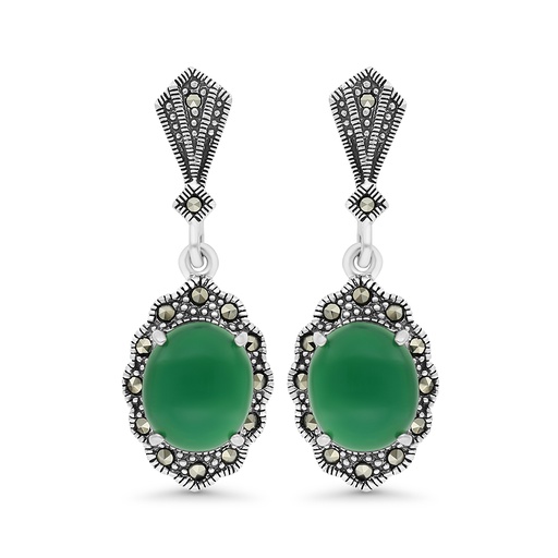 [EAR04MAR00GAGA281] Sterling Silver 925 Earring Embedded With Natural Green Agate And Marcasite Stones