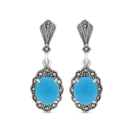 [EAR04MAR00TRQA281] Sterling Silver 925 Earring Embedded With Natural Processed Turquoise And Marcasite Stones