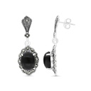 Sterling Silver 925 Earring Embedded With Natural Black Agate And Marcasite Stones