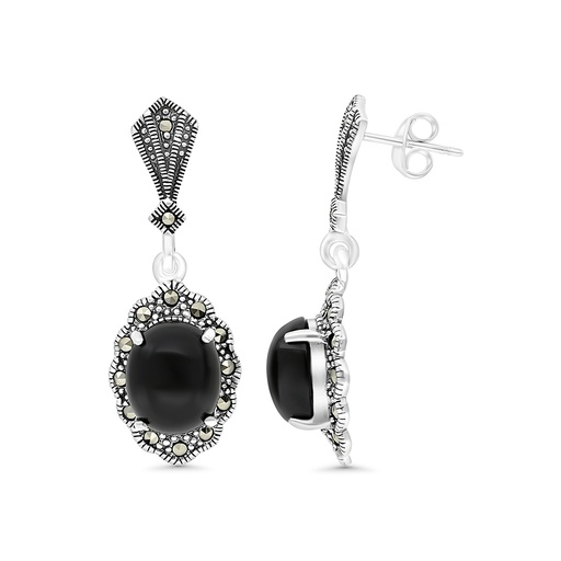 [EAR04MAR00ONXA281] Sterling Silver 925 Earring Embedded With Natural Black Agate And Marcasite Stones