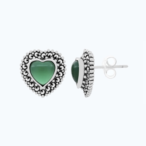 [EAR04MAR00GAGA459] Sterling Silver 925 Earring Embedded With Natural Green Agate And Marcasite Stones