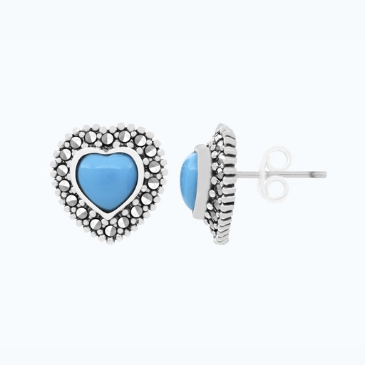[EAR04MAR00TRQA459] Sterling Silver 925 Earring Embedded With Natural Processed Turquoise And Marcasite Stones