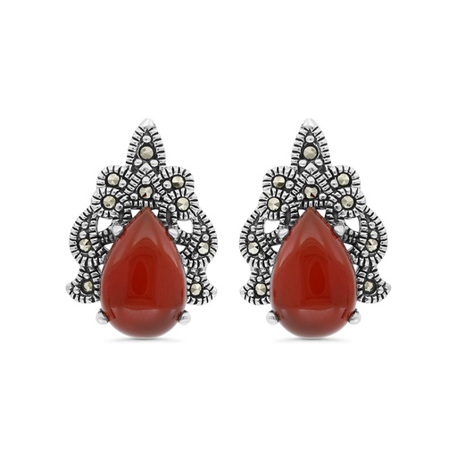 [EAR04MAR00RAGA282] Sterling Silver 925 Earring Embedded With Natural Aqiq And Marcasite Stones