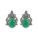 Sterling Silver 925 Earring Embedded With Natural Green Agate And Marcasite Stones