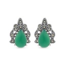 Sterling Silver 925 Earring Embedded With Natural Green Agate And Marcasite Stones