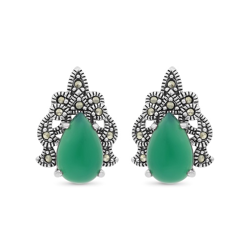 [EAR04MAR00GAGA282] Sterling Silver 925 Earring Embedded With Natural Green Agate And Marcasite Stones