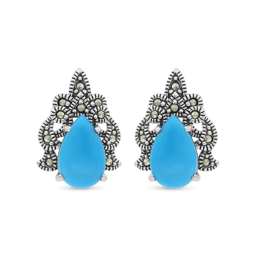 [EAR04MAR00TRQA282] Sterling Silver 925 Earring Embedded With Natural Processed Turquoise And Marcasite Stones