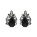 Sterling Silver 925 Earring Embedded With Natural Black Agate And Marcasite Stones