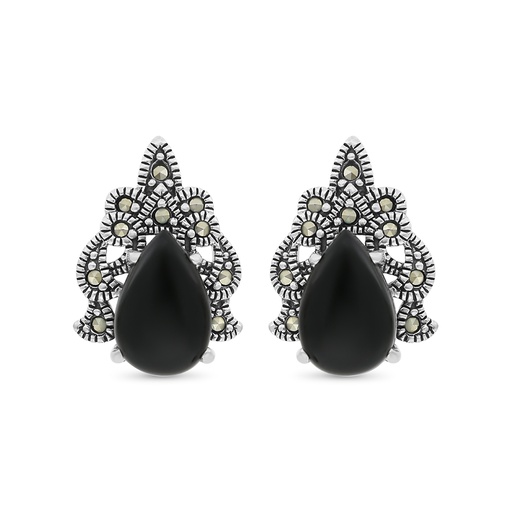 [EAR04MAR00ONXA282] Sterling Silver 925 Earring Embedded With Natural Black Agate And Marcasite Stones