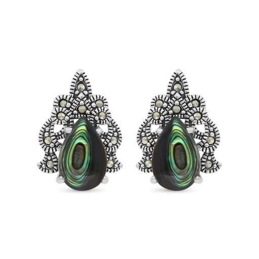 [EAR04MAR00ABAA282] Sterling Silver 925 Earring Embedded With Natural Blue Shell And Marcasite Stones