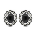 Sterling Silver 925 Earring Embedded With Natural Black Agate And Marcasite Stones