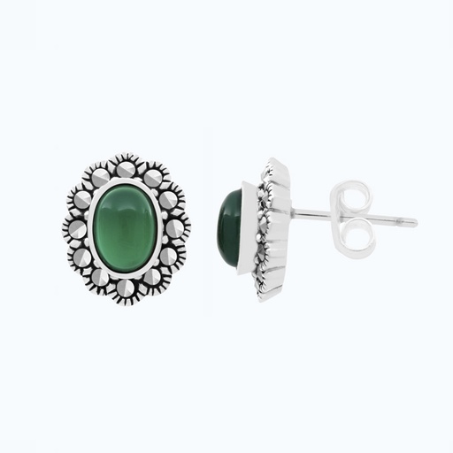[EAR04MAR00GAGA460] Sterling Silver 925 Earring Embedded With Natural Green Agate And Marcasite Stones