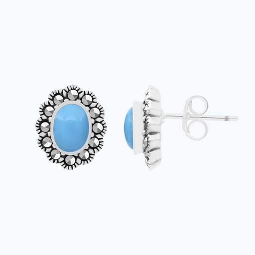 [EAR04MAR00TRQA460] Sterling Silver 925 Earring Embedded With Natural Processed Turquoise And Marcasite Stones