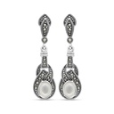 Sterling Silver 925 Earring Embedded With Natural White Shell And Marcasite Stones