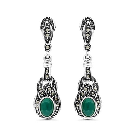 [EAR04MAR00GAGA283] Sterling Silver 925 Earring Embedded With Natural Green Agate And Marcasite Stones