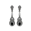 Sterling Silver 925 Earring Embedded With Natural Black Agate And Marcasite Stones