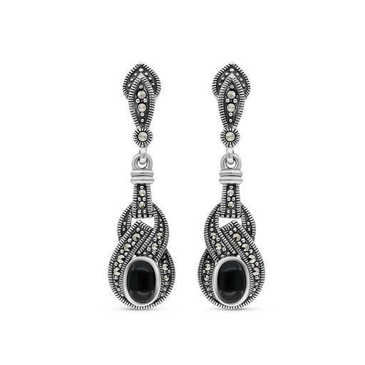 [EAR04MAR00ONXA283] Sterling Silver 925 Earring Embedded With Natural Black Agate And Marcasite Stones