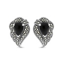 Sterling Silver 925 Earring Embedded With Natural Black Agate And Marcasite Stones