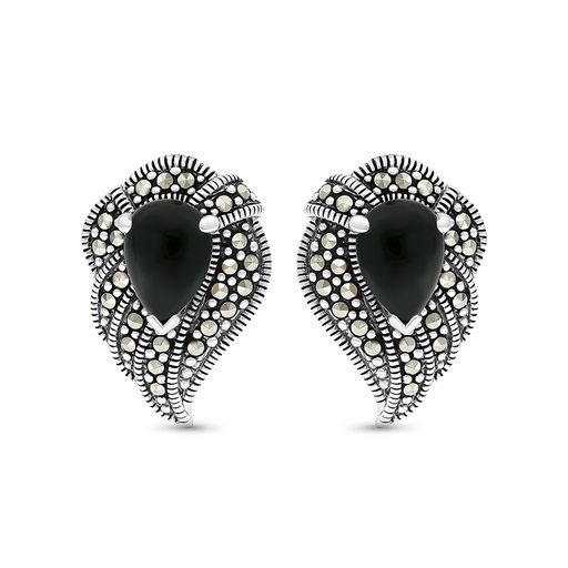 [EAR04MAR00ONXA461] Sterling Silver 925 Earring Embedded With Natural Black Agate And Marcasite Stones