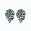 Sterling Silver 925 Earring Embedded With Natural Green Agate And Marcasite Stones